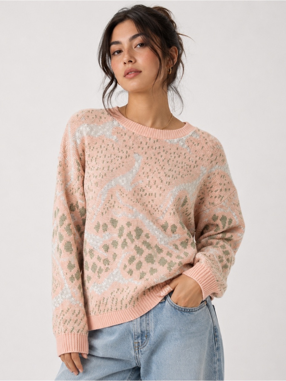 Vintage 80s Cat / Cheetah Print Pastel Pink Sweater by Arielle